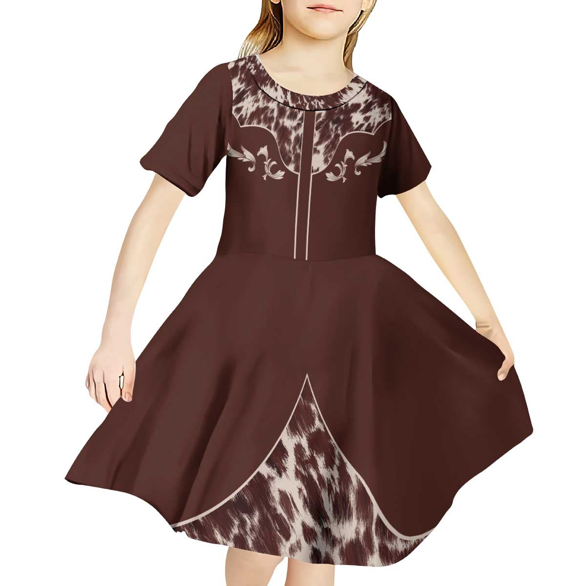 Cowboys Wild West Kid Short Sleeve Dress Dark Brown Cow Prints - Wonder Print Shop