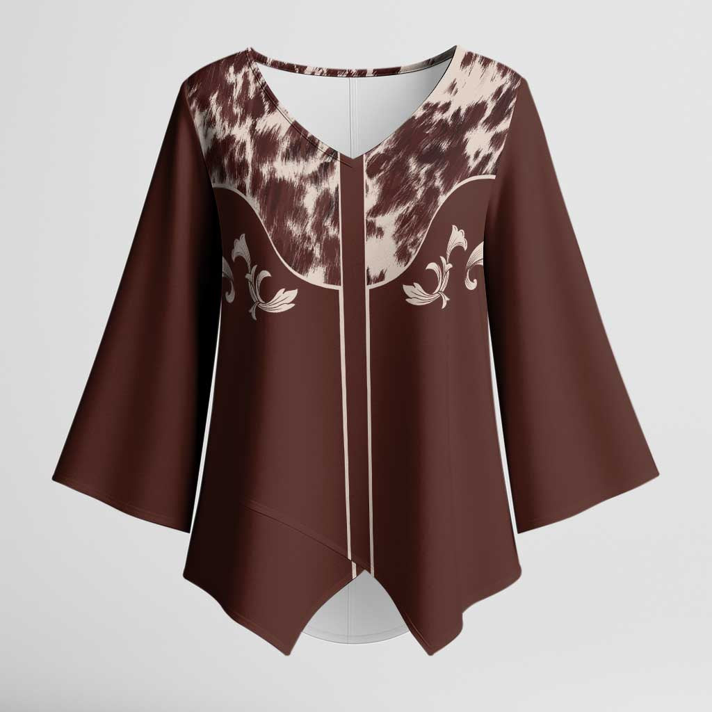 Cowboys Wild West Kimono Sleeve Blouse Dark Brown Cow Prints - Wonder Print Shop