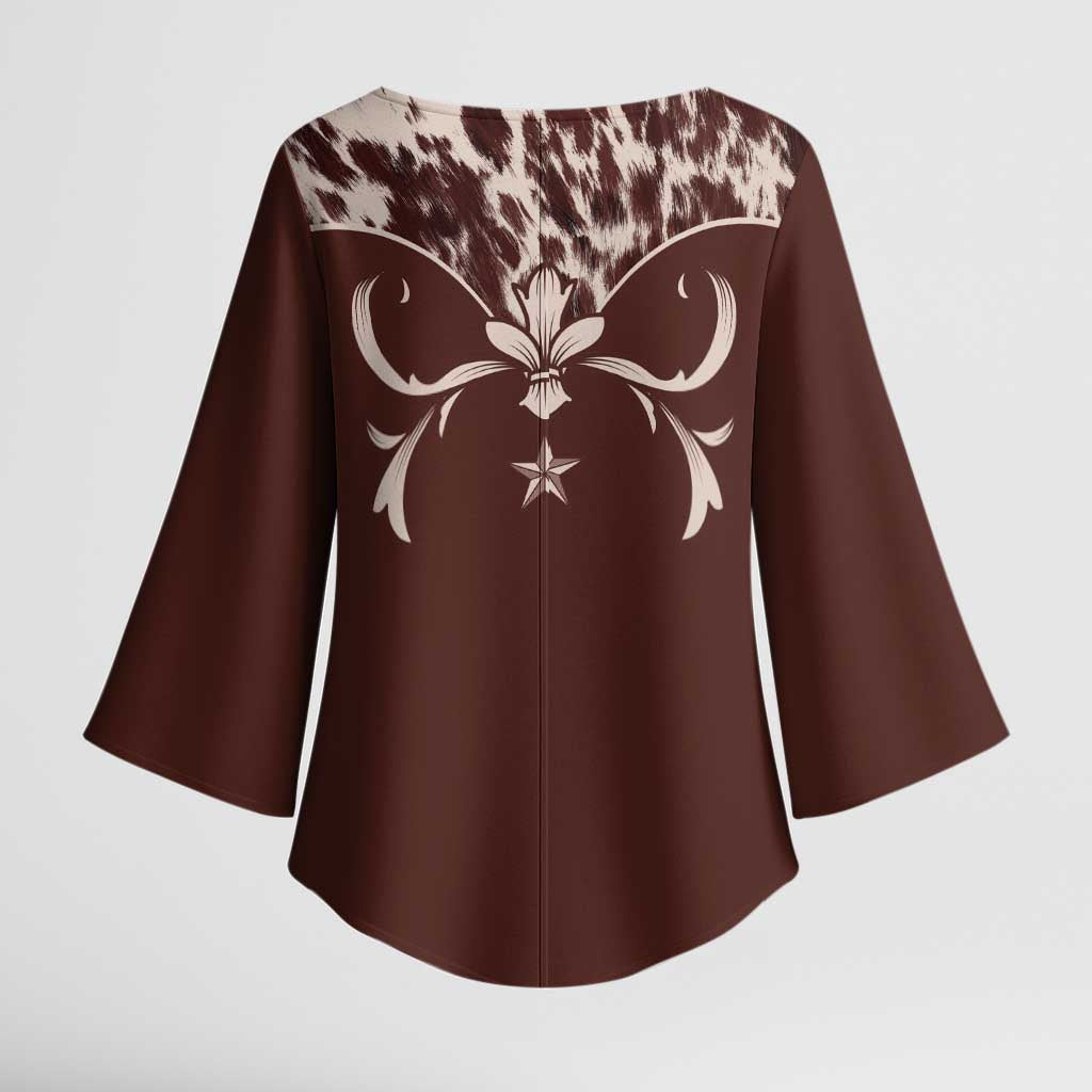 Cowboys Wild West Kimono Sleeve Blouse Dark Brown Cow Prints - Wonder Print Shop