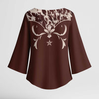 Cowboys Wild West Kimono Sleeve Blouse Dark Brown Cow Prints - Wonder Print Shop
