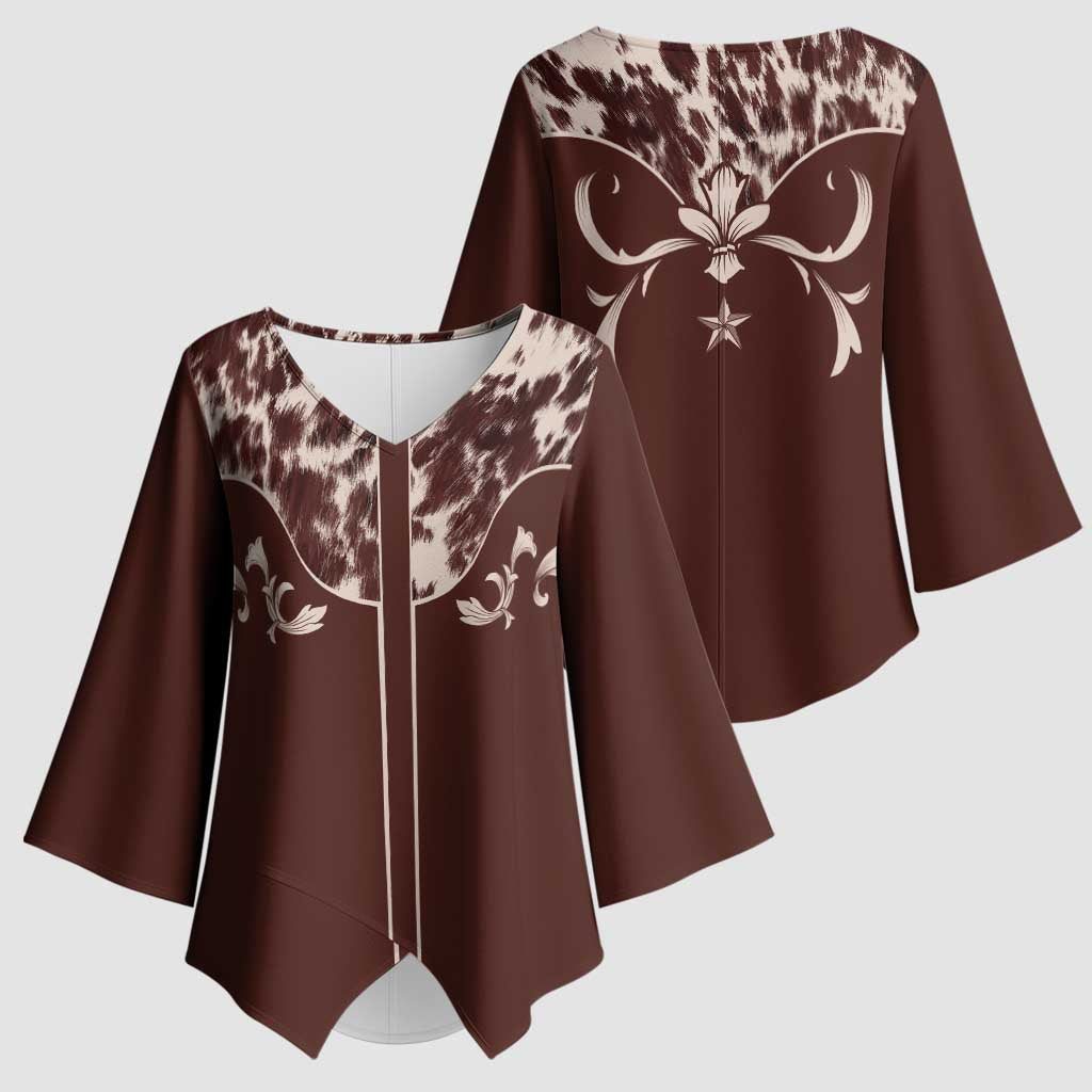Cowboys Wild West Kimono Sleeve Blouse Dark Brown Cow Prints - Wonder Print Shop