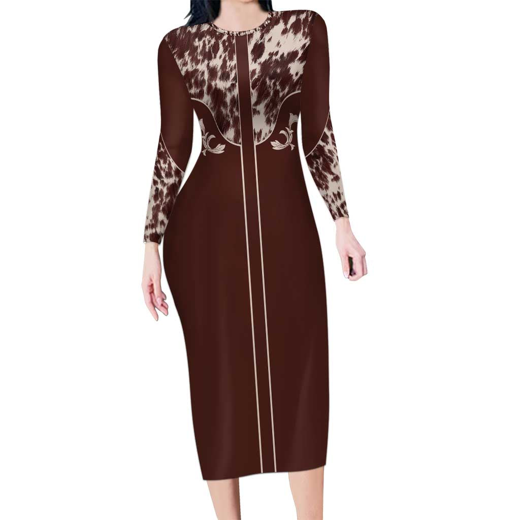 Cowboys Wild West Long Sleeve Bodycon Dress Dark Brown Cow Prints - Wonder Print Shop