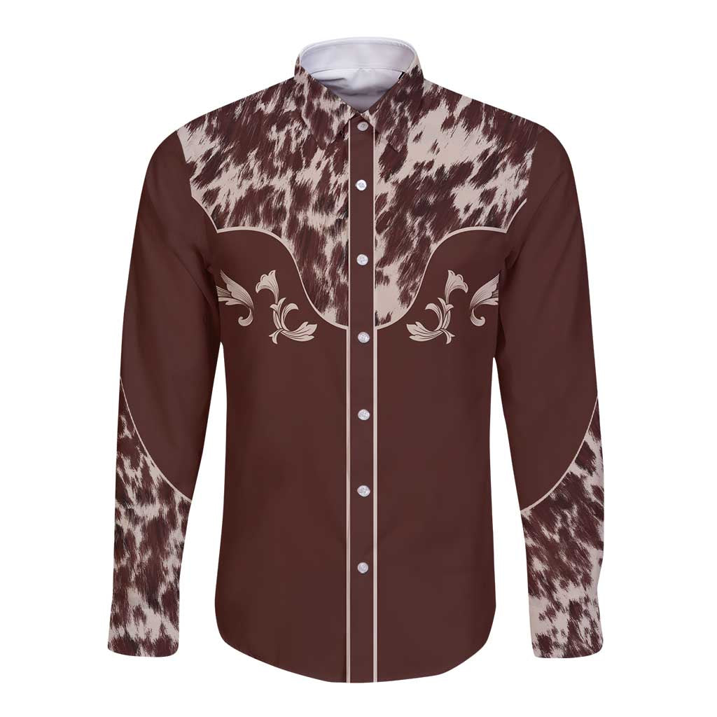 Cowboys Wild West Long Sleeve Button Shirt Dark Brown Cow Prints - Wonder Print Shop