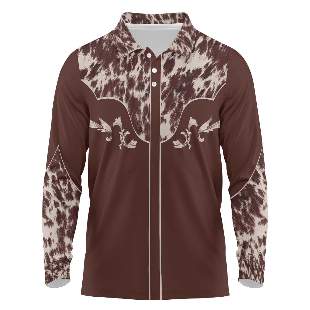 Cowboys Wild West Long Sleeve Polo Shirt Dark Brown Cow Prints - Wonder Print Shop