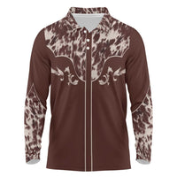 Cowboys Wild West Long Sleeve Polo Shirt Dark Brown Cow Prints - Wonder Print Shop