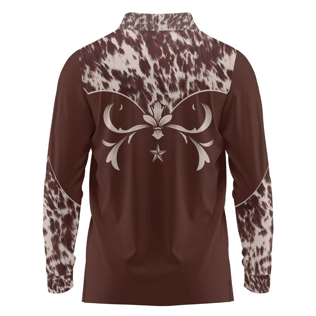 Cowboys Wild West Long Sleeve Polo Shirt Dark Brown Cow Prints - Wonder Print Shop