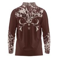 Cowboys Wild West Long Sleeve Polo Shirt Dark Brown Cow Prints - Wonder Print Shop