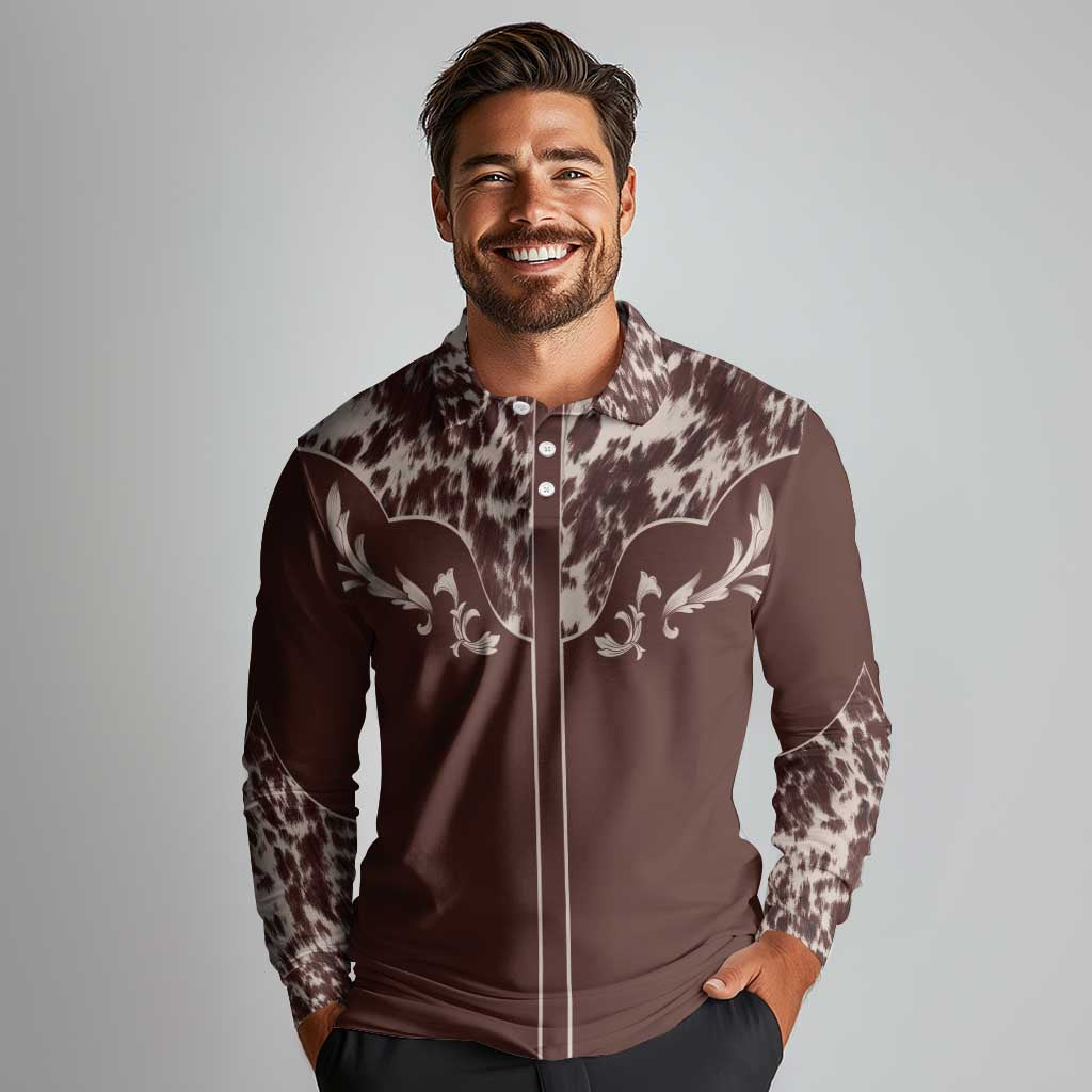 Cowboys Wild West Long Sleeve Polo Shirt Dark Brown Cow Prints - Wonder Print Shop
