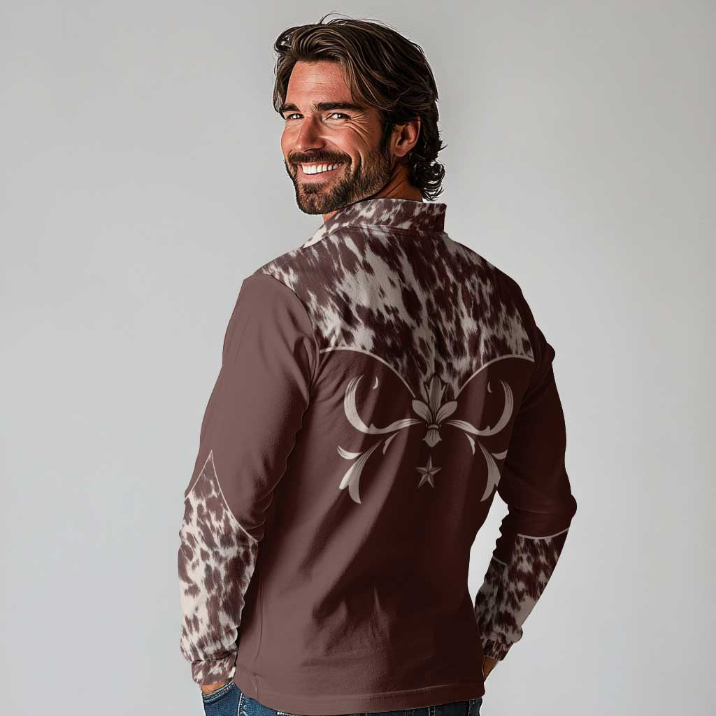 Cowboys Wild West Long Sleeve Polo Shirt Dark Brown Cow Prints - Wonder Print Shop