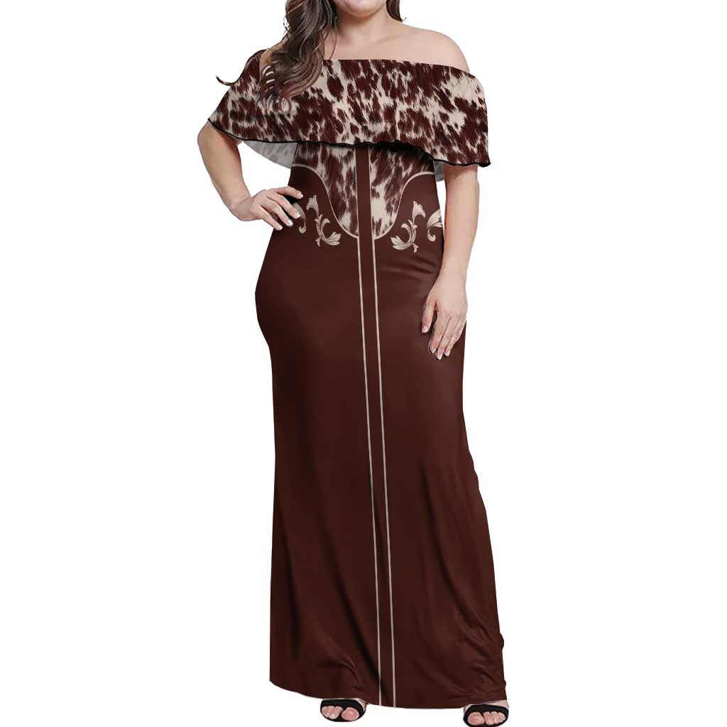 Cowboys Wild West Off Shoulder Maxi Dress Dark Brown Cow Prints - Wonder Print Shop