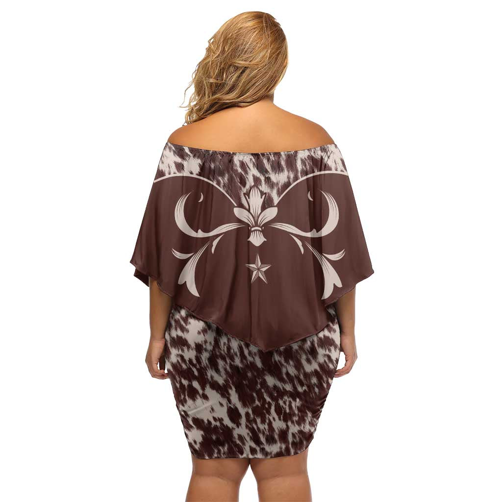 Cowboys Wild West Off Shoulder Short Dress Dark Brown Cow Prints - Wonder Print Shop