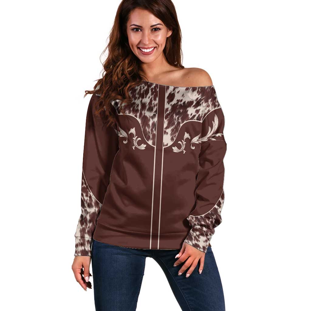 Cowboys Wild West Off Shoulder Sweater Dark Brown Cow Prints - Wonder Print Shop