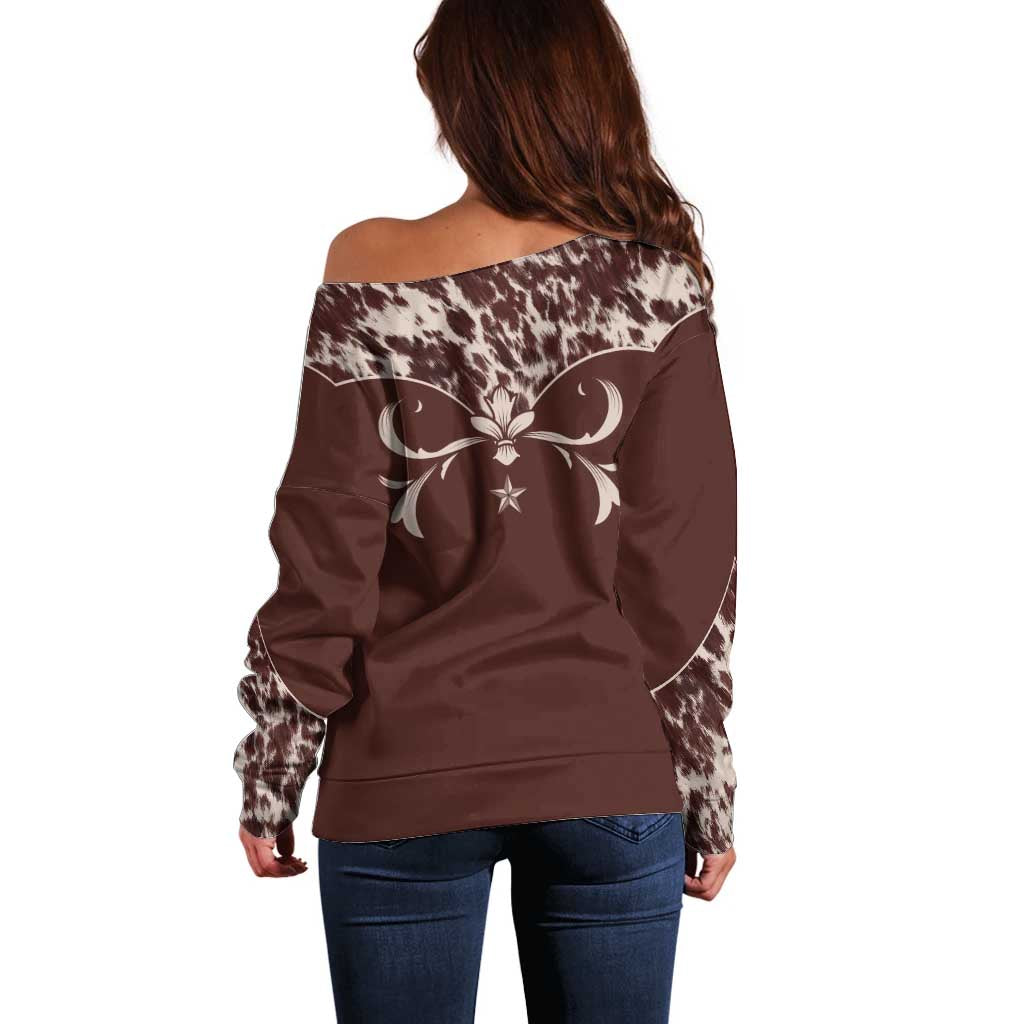 Cowboys Wild West Off Shoulder Sweater Dark Brown Cow Prints - Wonder Print Shop
