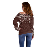 Cowboys Wild West Off Shoulder Sweater Dark Brown Cow Prints - Wonder Print Shop