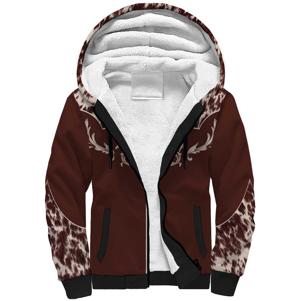 Cowboys Wild West Sherpa Hoodie Dark Brown Cow Prints - Wonder Print Shop