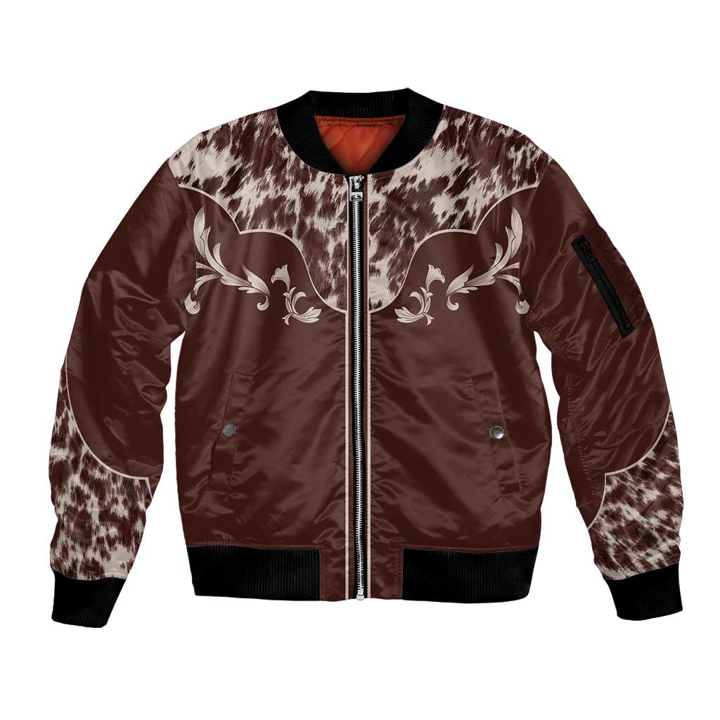 Cowboys Wild West Sleeve Zip Bomber Jacket Dark Brown Cow Prints - Wonder Print Shop