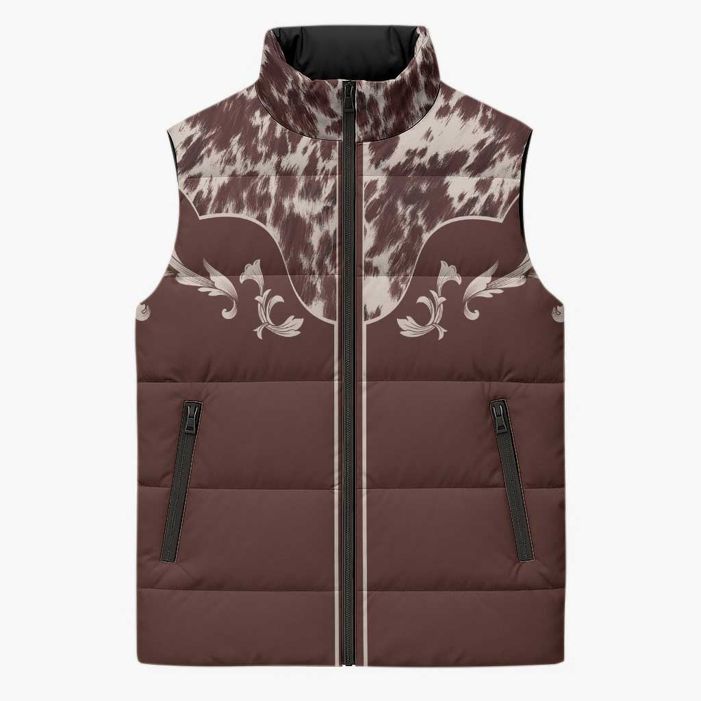 Cowboys Wild West Sleeveless Puffer Jacket Dark Brown Cow Prints - Wonder Print Shop