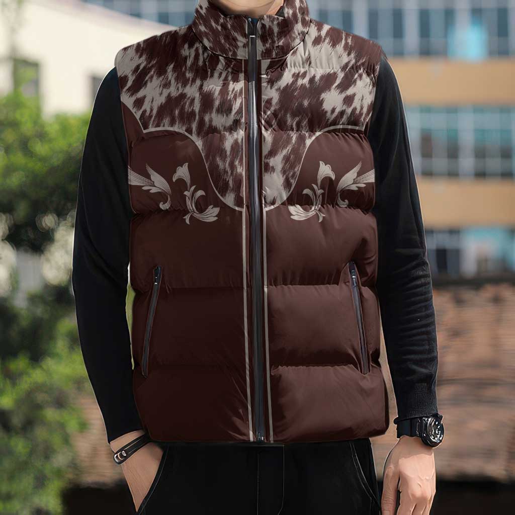 Cowboys Wild West Sleeveless Puffer Jacket Dark Brown Cow Prints - Wonder Print Shop