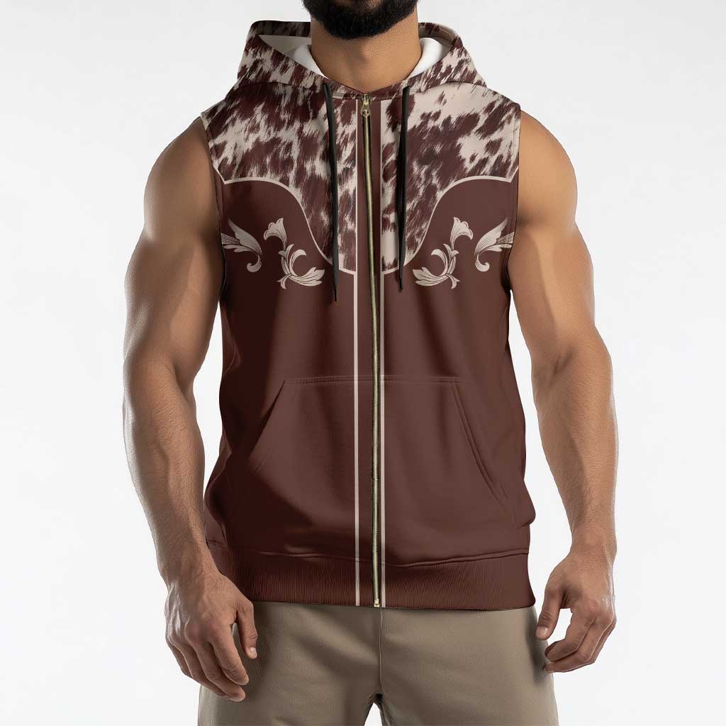 Cowboys Wild West Sleeveless Zip Hoodie Dark Brown Cow Prints - Wonder Print Shop