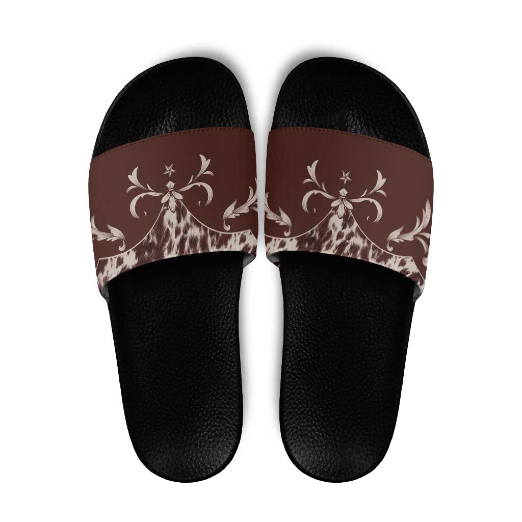 Cowboys Wild West Slide Sandals Dark Brown Cow Prints - Wonder Print Shop