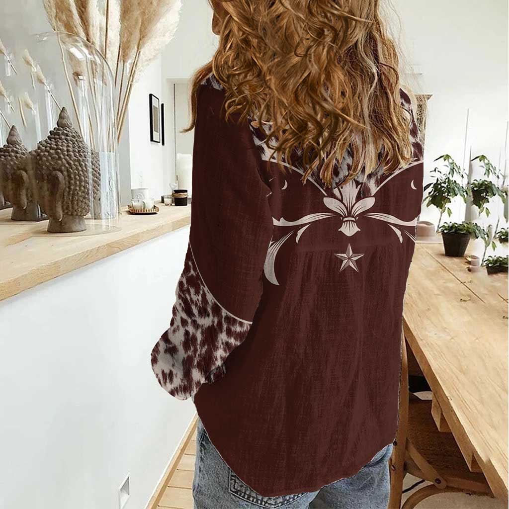 Cowboys Wild West Women Casual Shirt Dark Brown Cow Prints - Wonder Print Shop