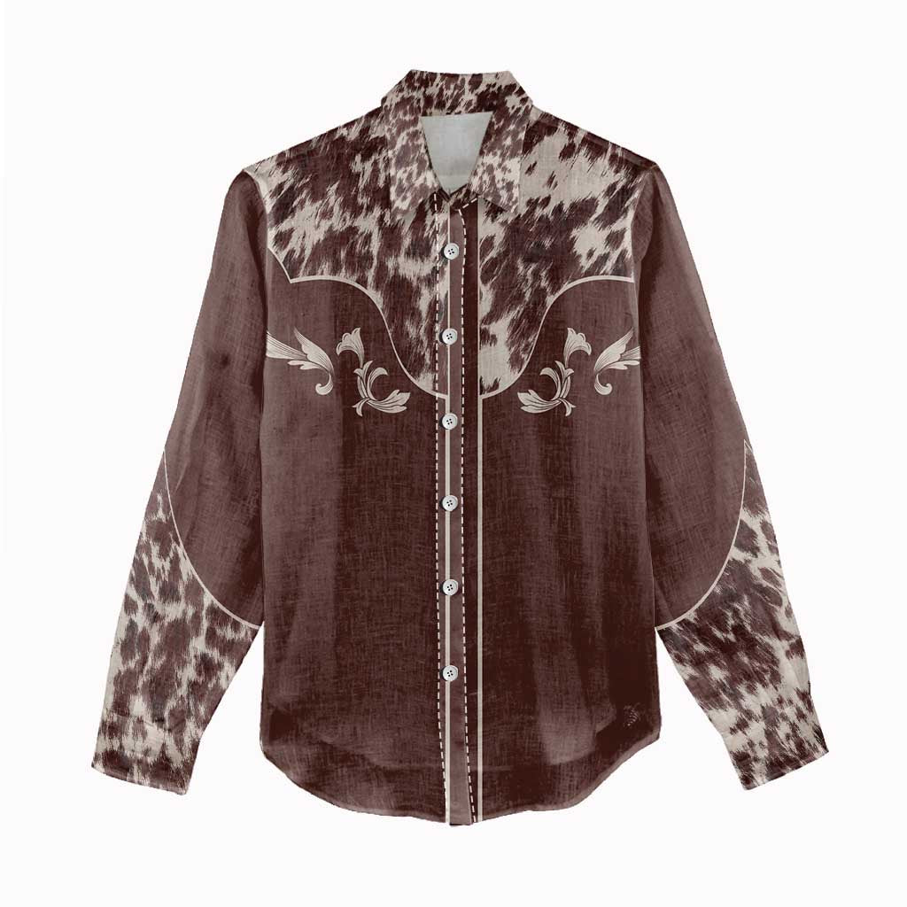 Cowboys Wild West Women Casual Shirt Dark Brown Cow Prints - Wonder Print Shop