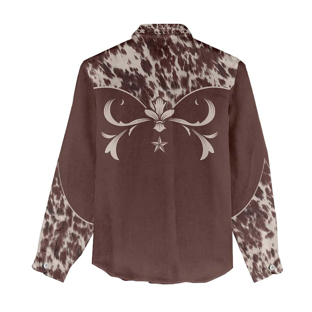 Cowboys Wild West Women Casual Shirt Dark Brown Cow Prints - Wonder Print Shop