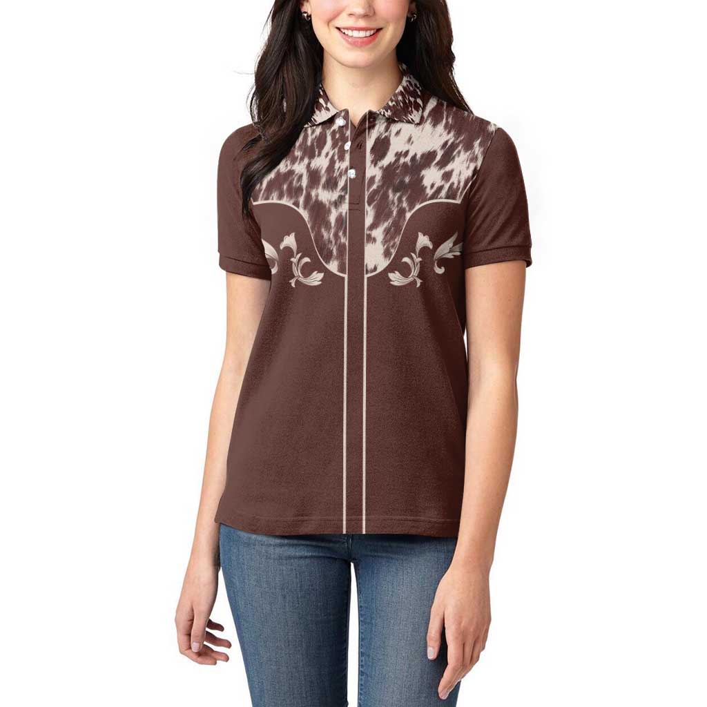 Cowboys Wild West Women Polo Shirt Dark Brown Cow Prints - Wonder Print Shop