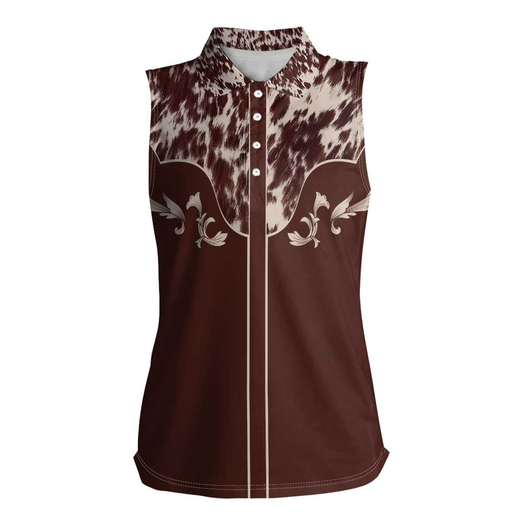 Cowboys Wild West Women Sleeveless Polo Shirt Dark Brown Cow Prints - Wonder Print Shop
