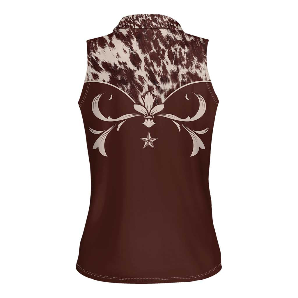 Cowboys Wild West Women Sleeveless Polo Shirt Dark Brown Cow Prints - Wonder Print Shop
