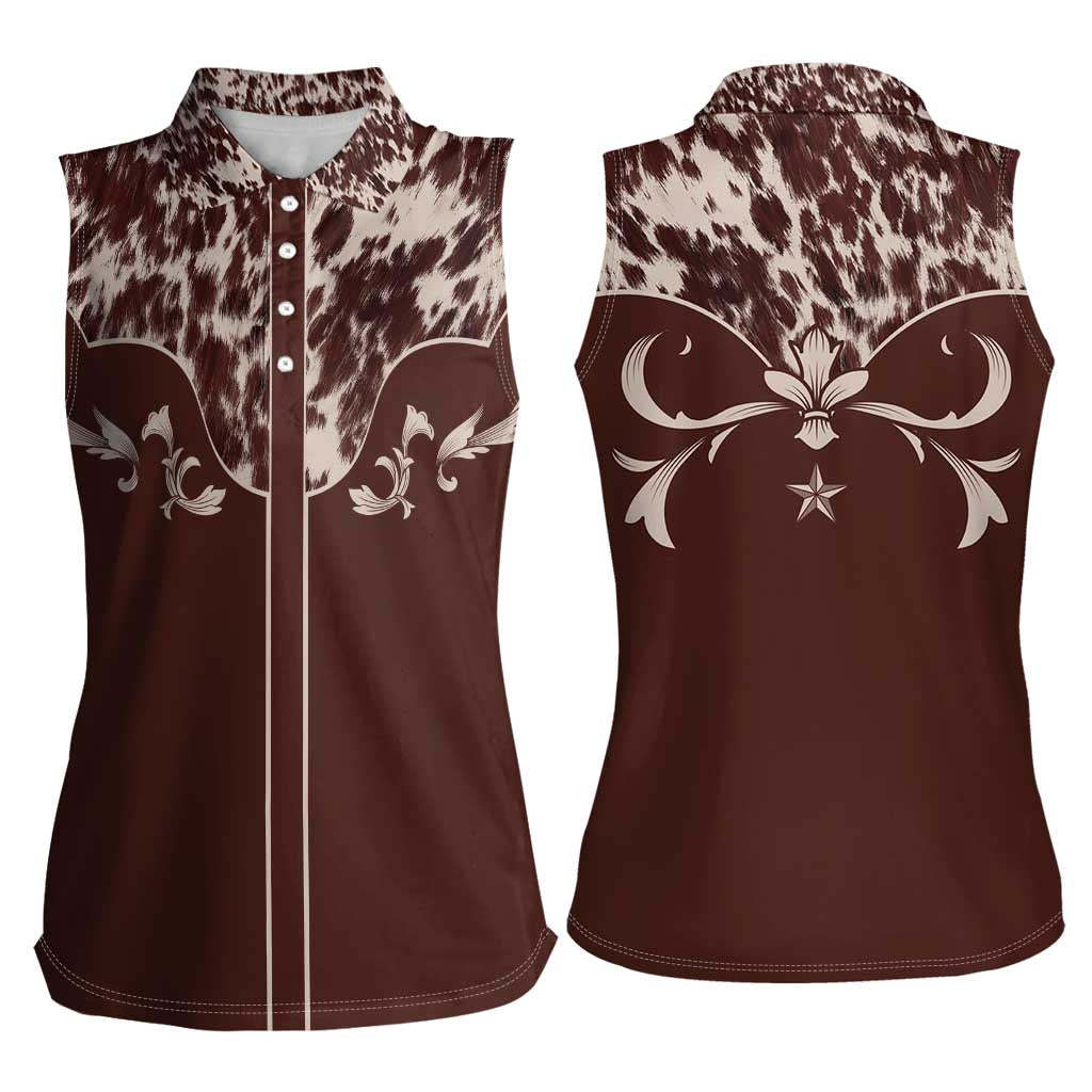 Cowboys Wild West Women Sleeveless Polo Shirt Dark Brown Cow Prints - Wonder Print Shop