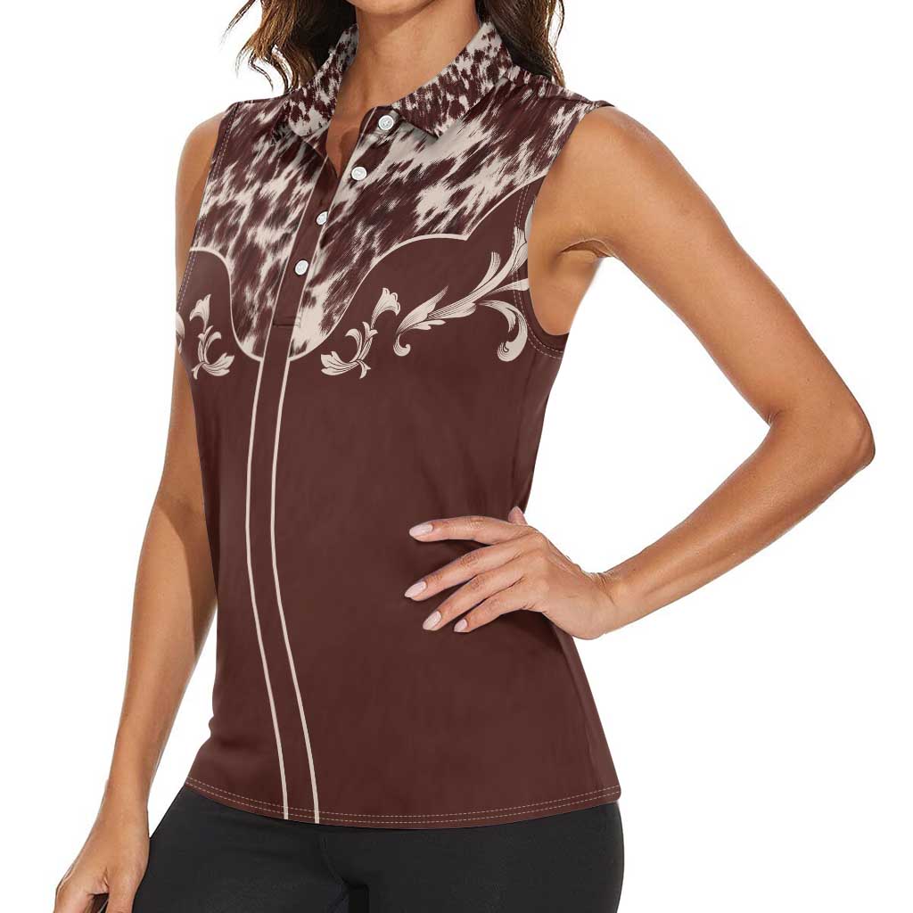 Cowboys Wild West Women Sleeveless Polo Shirt Dark Brown Cow Prints - Wonder Print Shop