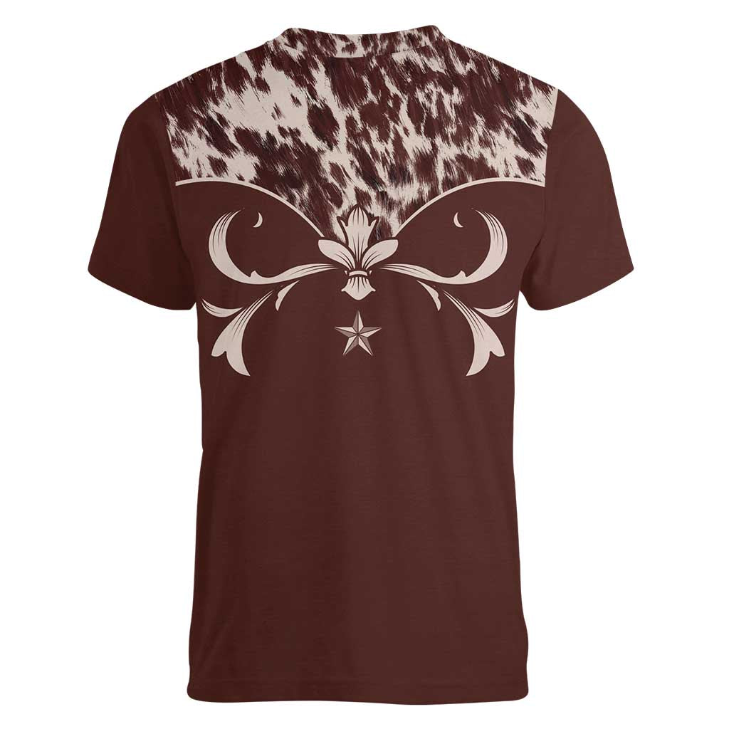 Cowboys Wild West Women V-Neck T-Shirt Dark Brown Cow Prints - Wonder Print Shop