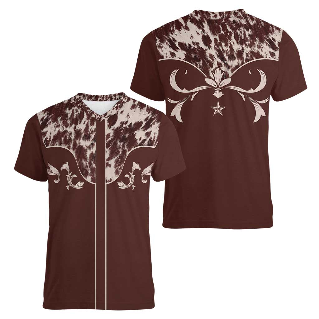 Cowboys Wild West Women V-Neck T-Shirt Dark Brown Cow Prints - Wonder Print Shop