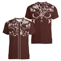 Cowboys Wild West Women V-Neck T-Shirt Dark Brown Cow Prints - Wonder Print Shop