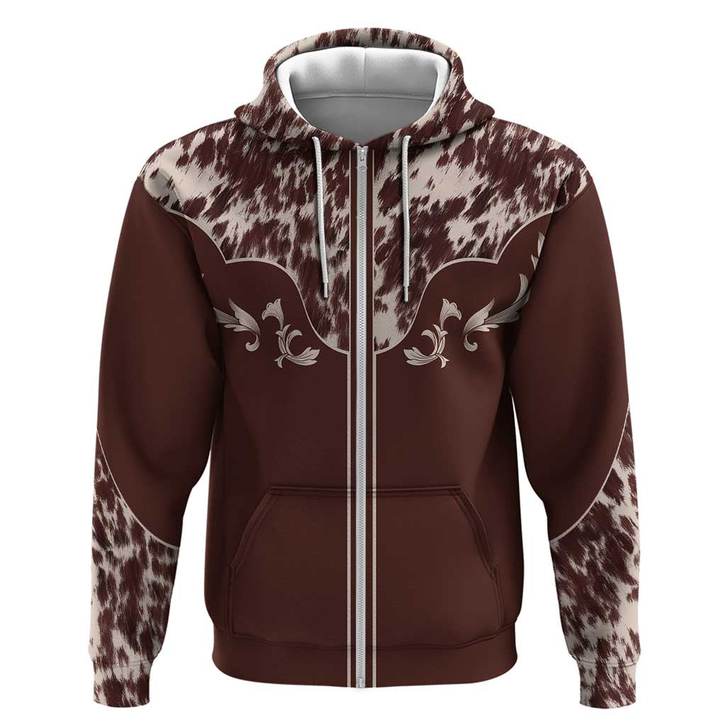 Cowboys Wild West Zip Hoodie Dark Brown Cow Prints - Wonder Print Shop