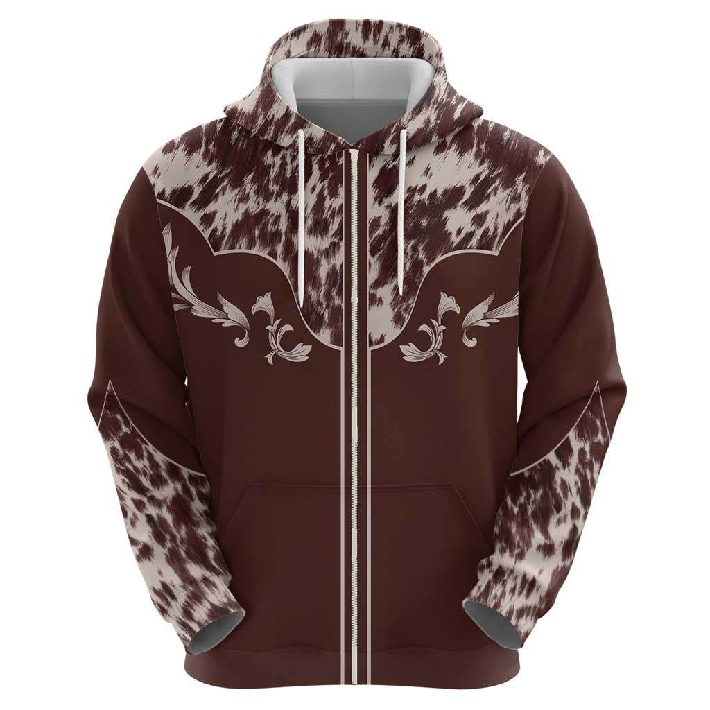Cowboys Wild West Zip Hoodie Dark Brown Cow Prints - Wonder Print Shop