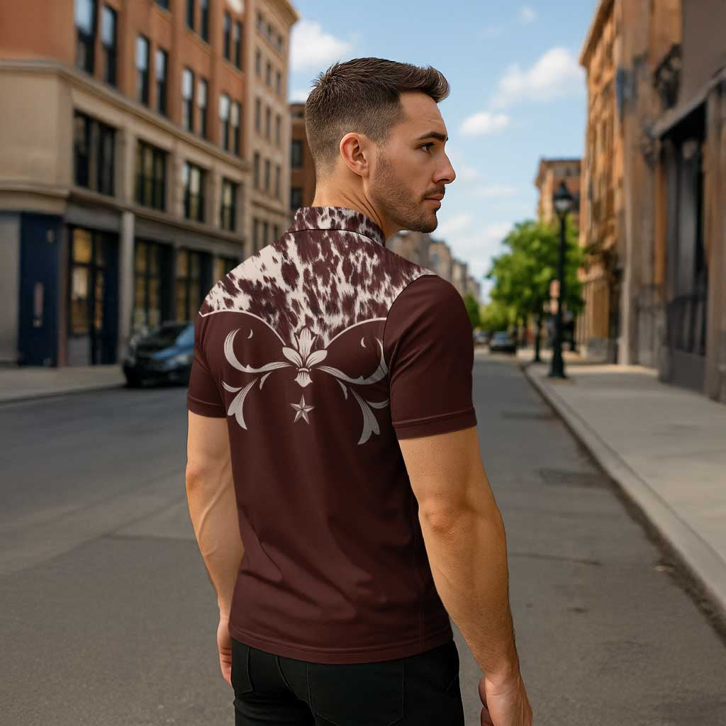 Cowboys Wild West Zipper Polo Shirt Dark Brown Cow Prints - Wonder Print Shop