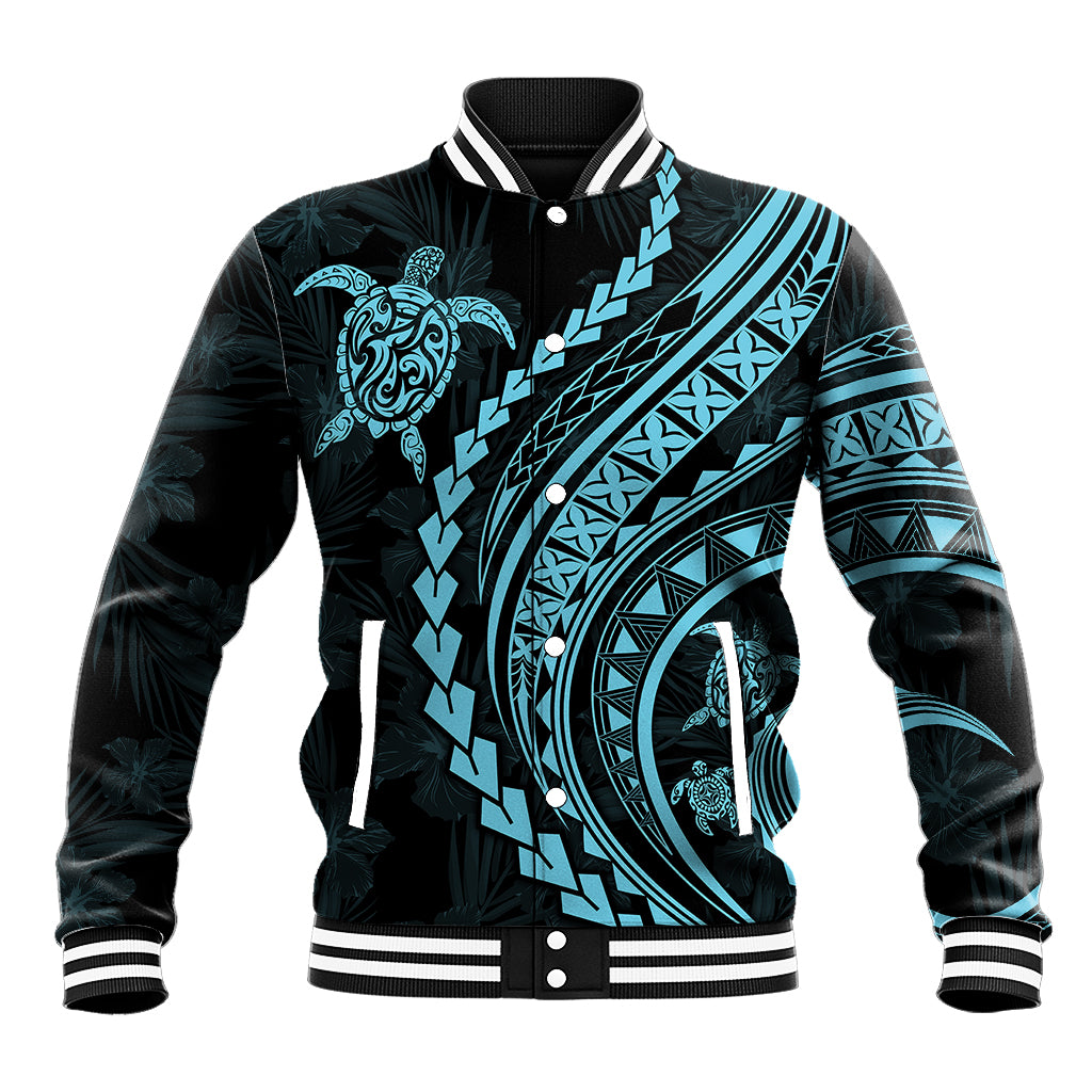 Polynesian Pride Baseball Jacket Turtle Hibiscus Luxury Style - Aquamarine LT7 - Wonder Print Shop