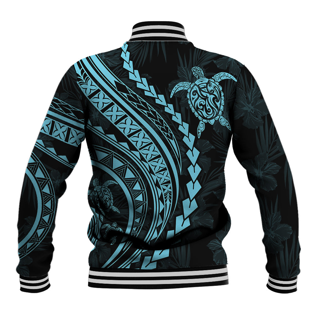Polynesian Pride Baseball Jacket Turtle Hibiscus Luxury Style - Aquamarine LT7 - Wonder Print Shop