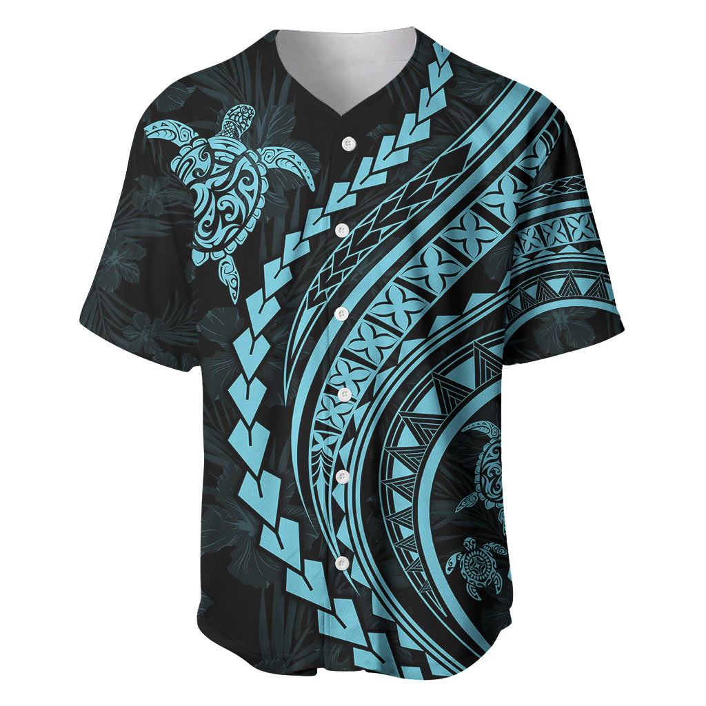 Polynesian Pride Baseball Jersey Turtle Hibiscus Luxury Style - Aquamarine LT7 - Wonder Print Shop