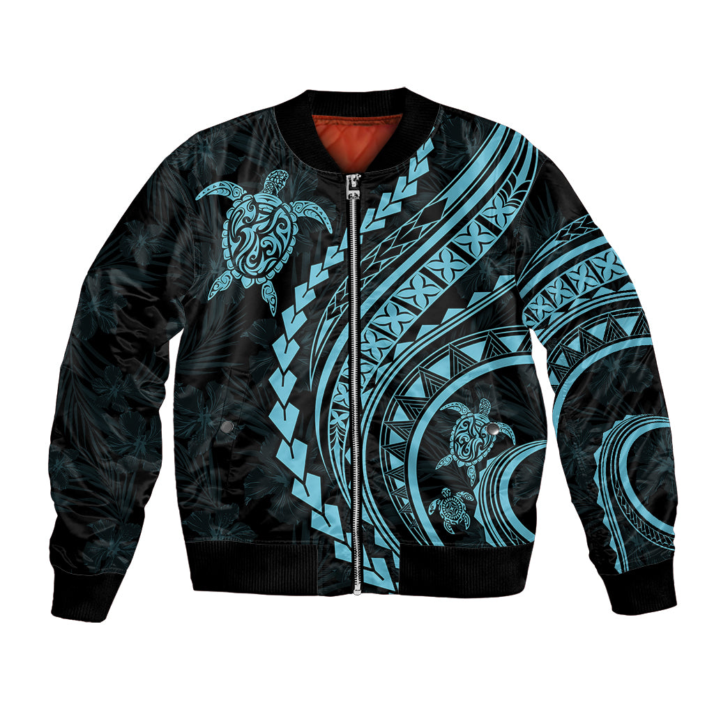 Polynesian Pride Bomber Jacket Turtle Hibiscus Luxury Style - Aquamarine LT7 - Wonder Print Shop