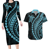 Polynesian Pride Couples Matching Long Sleeve Bodycon Dress and Hawaiian Shirt Turtle Hibiscus Luxury Style - Aquamarine LT7 - Wonder Print Shop
