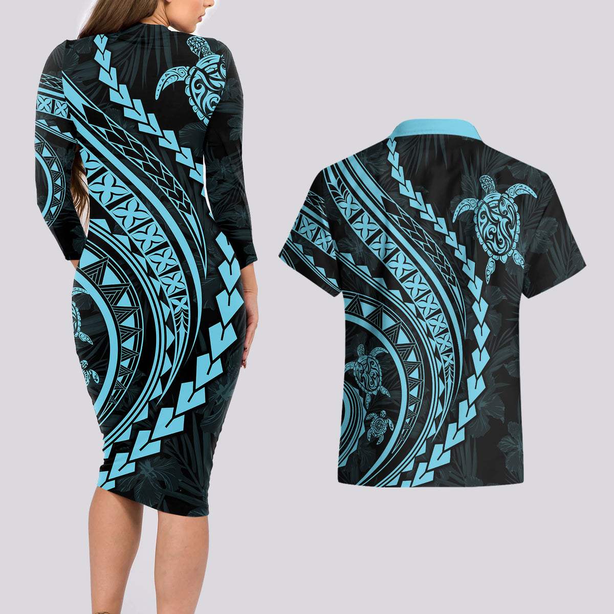Polynesian Pride Couples Matching Long Sleeve Bodycon Dress and Hawaiian Shirt Turtle Hibiscus Luxury Style - Aquamarine LT7 - Wonder Print Shop