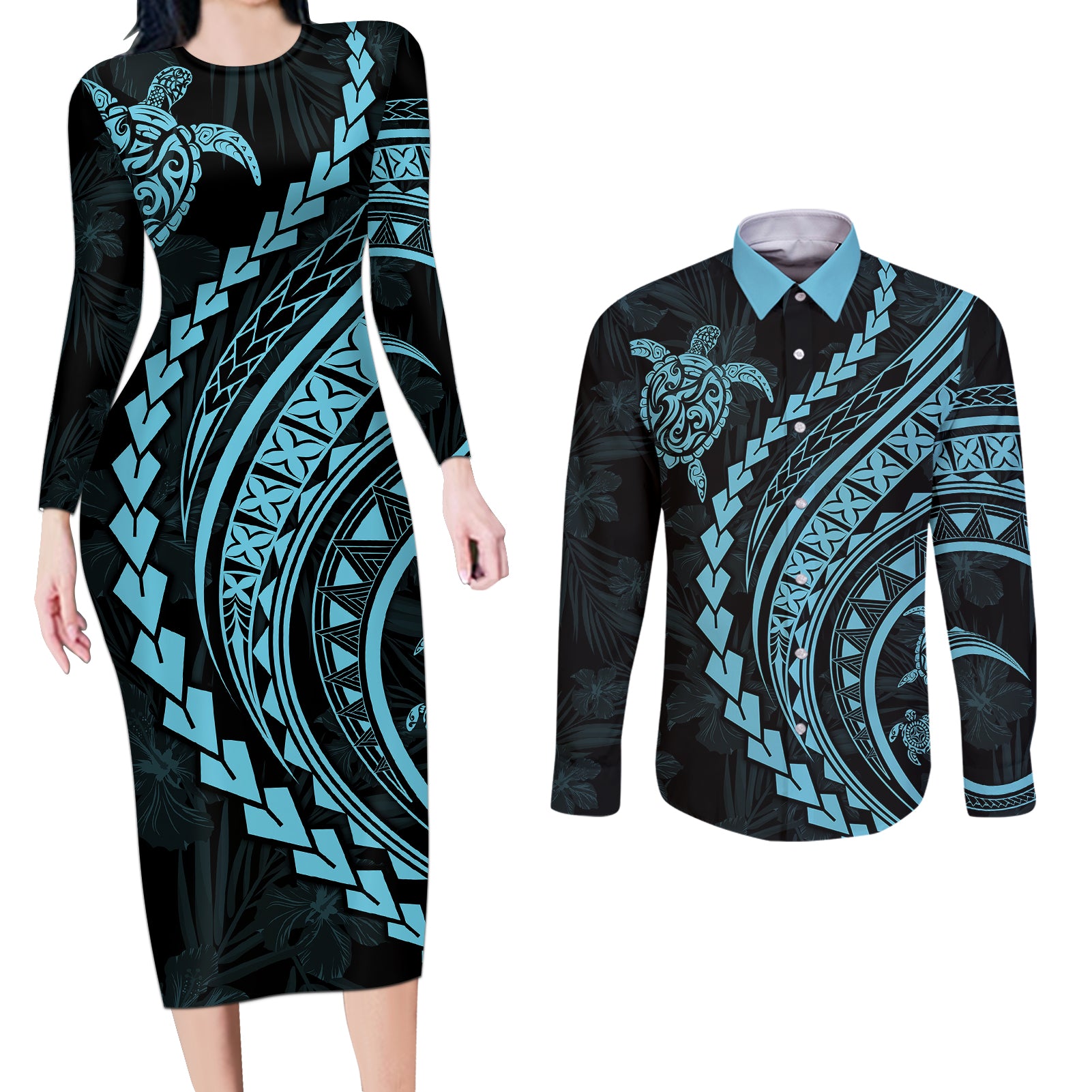 Polynesian Pride Couples Matching Long Sleeve Bodycon Dress and Long Sleeve Button Shirts Turtle Hibiscus Luxury Style - Aquamarine LT7 - Wonder Print Shop