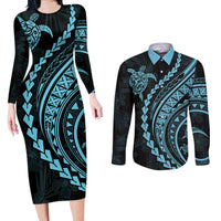 Polynesian Pride Couples Matching Long Sleeve Bodycon Dress and Long Sleeve Button Shirts Turtle Hibiscus Luxury Style - Aquamarine LT7 - Wonder Print Shop