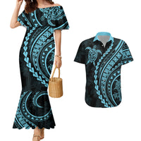 Polynesian Pride Couples Matching Mermaid Dress and Hawaiian Shirt Turtle Hibiscus Luxury Style - Aquamarine LT7 - Wonder Print Shop