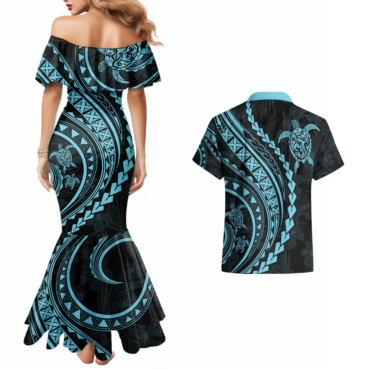 Polynesian Pride Couples Matching Mermaid Dress and Hawaiian Shirt Turtle Hibiscus Luxury Style - Aquamarine LT7 - Wonder Print Shop