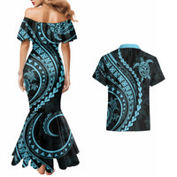 Polynesian Pride Couples Matching Mermaid Dress and Hawaiian Shirt Turtle Hibiscus Luxury Style - Aquamarine LT7 - Wonder Print Shop
