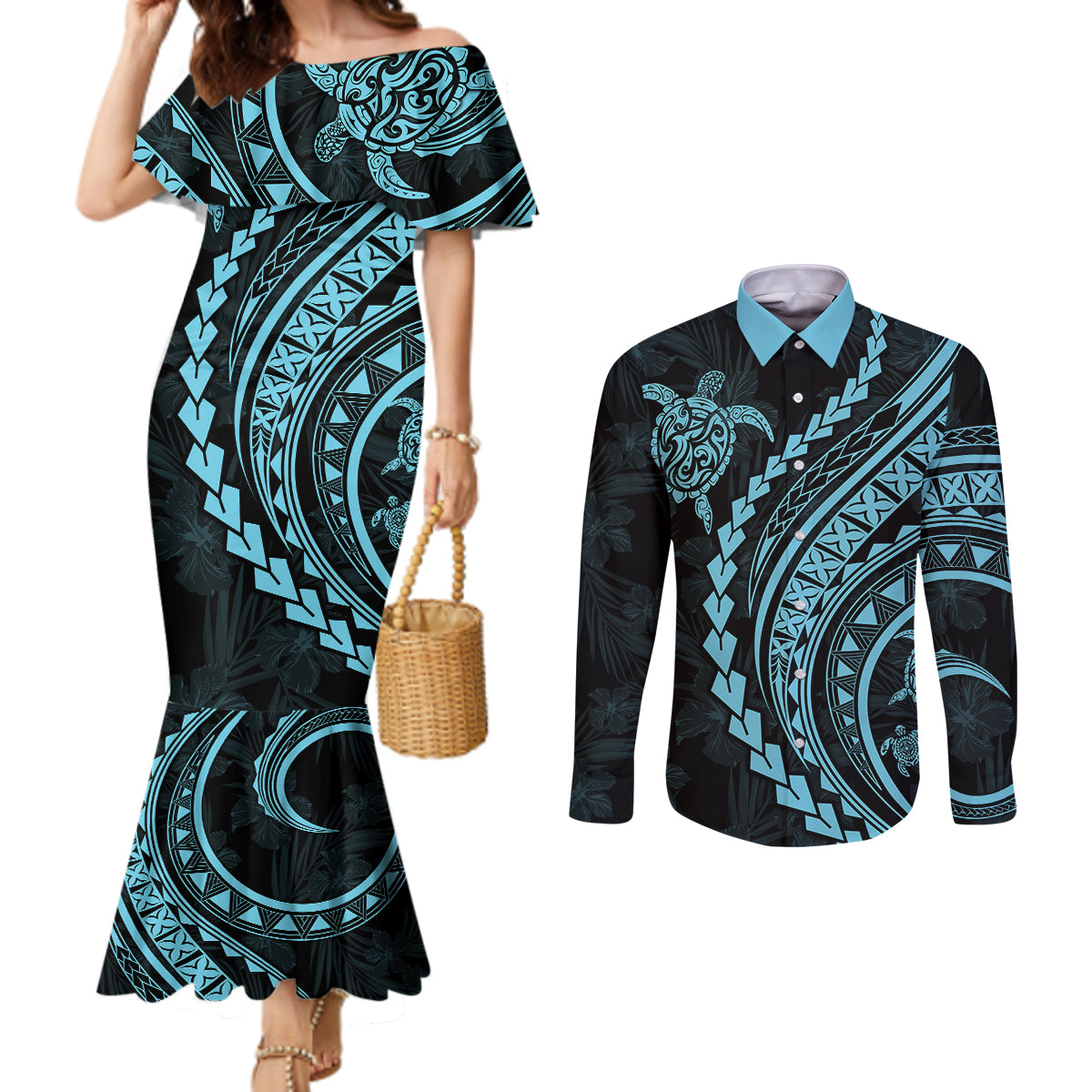 polynesian-pride-couples-matching-mermaid-dress-and-long-sleeve-button-shirts-turtle-hibiscus-luxury-style-aquamarine